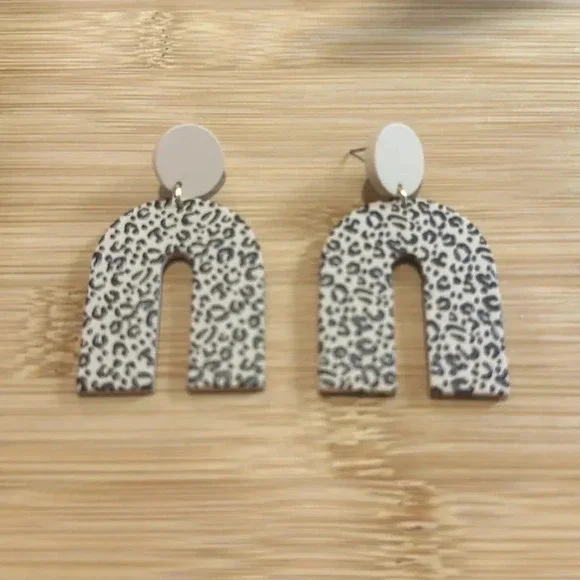 BOHO U-Shaped leopard earrings, Polymer clay, approx 2” - Picture 1 of 2